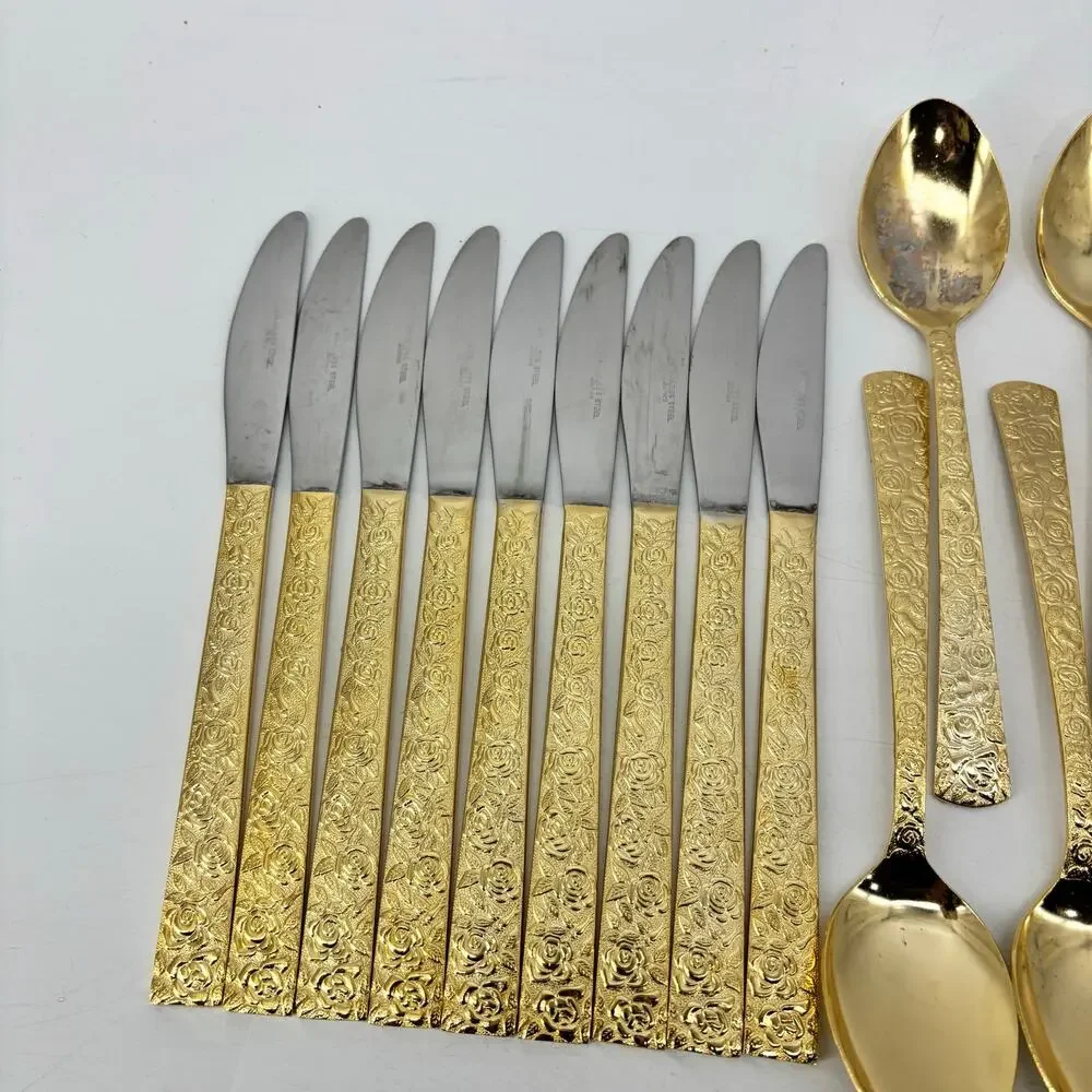 Vtg Hollywood Regency Dinner Spoons Fork Gold Stainless Steel 25 Pieces Japan